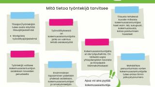 Alaotsikko: ”Mitä tietoa työntekijä tarvitsee”. Kuvassa ohjeet on esitetty muistilappuina. Työntekijän tai tilaajan tulee osata käyttää Workpilots-työvälitysjärjestelmää. Työnvälityksessä on kokemusasiantuntijoita, joilla on valmius tehdä asiakastyötä. Tilausta tehtäessä tulee kuvata, millaista kokemusasiantuntijaa haetaan, esimerkiksi iän, sukupuolen, kokemustaustan tai kotoa poistumisen haasteiden perusteella. Työntekijä valitsee kokemusasiantuntijan asiakkaan toiveiden perusteella. Ensimmäinen tapaaminen