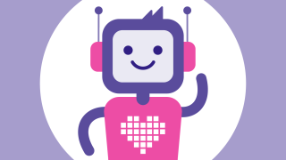 Robottihahmo, jolla päällä VAKEn vaaleanpunainen t-paita ja kuulokkeet.